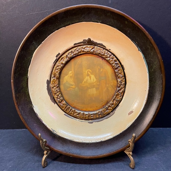 Antique Copper & Enamel Plates Wall Decor Jesus Modonna Nazareth 7.5” Set of 2 - Picture 9 of 9